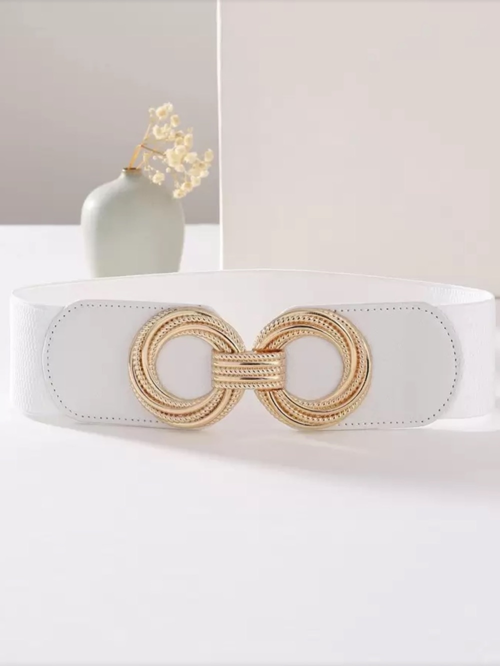 White Women's Elastic Waist Belt with Gold Interlocking Buckle